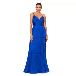 Betsy & Adam Royal Blue Pleated Tiered Gown Dress Size 8 Formal Evening NWT